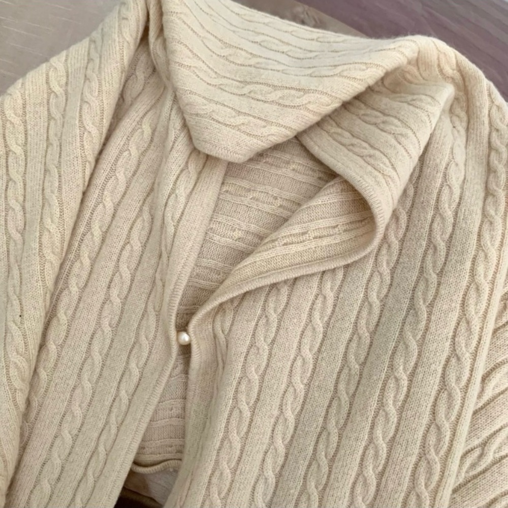 100% Cashmere Cable Knit Beige Scarf Shawl Wrap - Picture 2 of 8